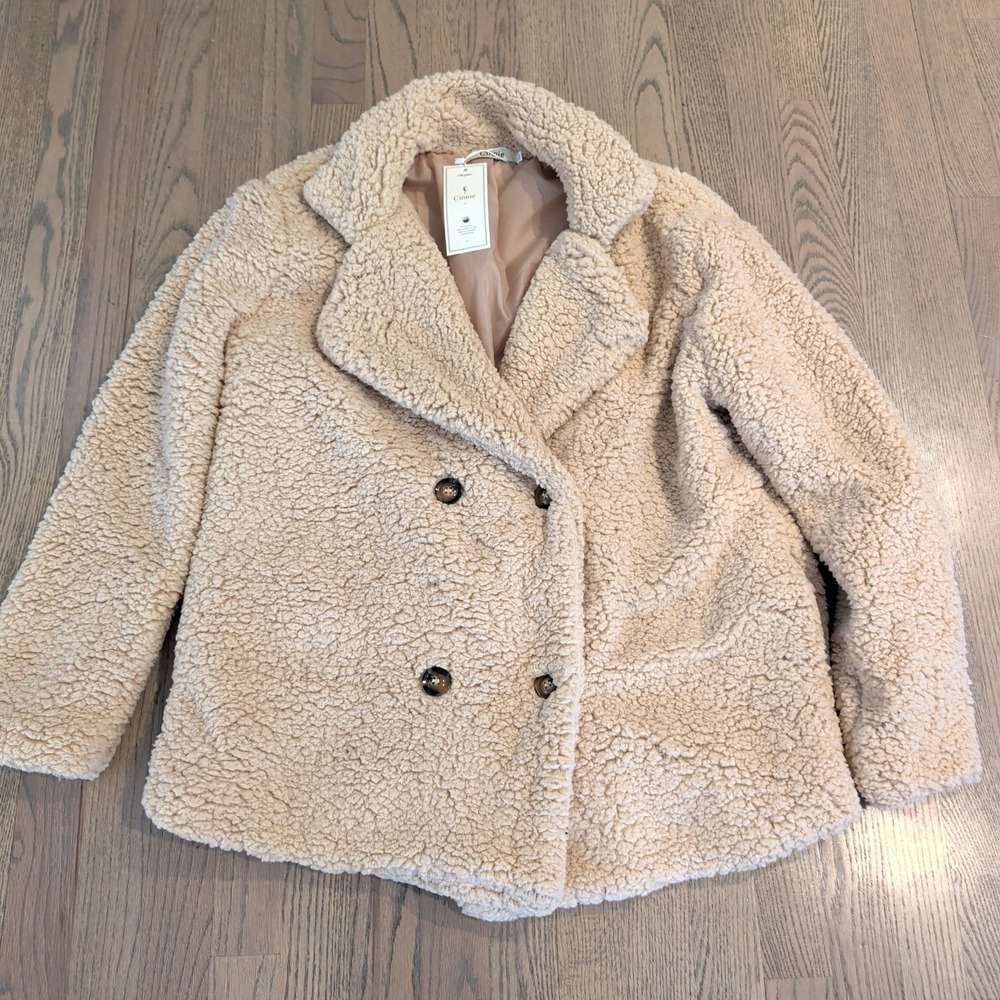 Cinnie Women Beige Faux Shearling Teddy Coat Double Breasted XL NEW